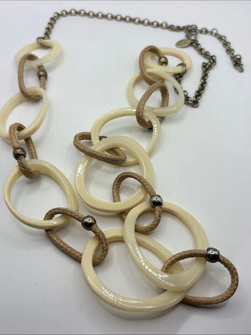 Chico’s Cream & Brown Rope Braided Big Abstract Hoops Statement Necklace 32-36”